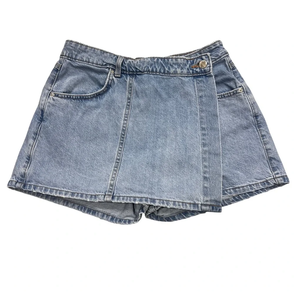 Zara‎ Womens Light Wash Denim Wrap Front Skort Blue High Waisted Size S